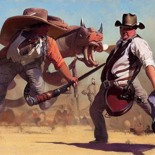 Image similar to cowboys shoot it out with a fat monster in a western town, 1890s, dynamic, by tom lovell and frank schoonover and dean cornwell and james gurney, arstation creature concept art