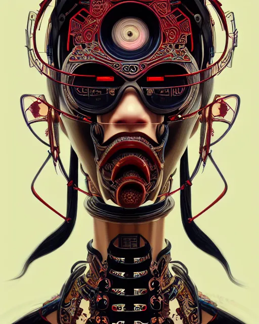 Image similar to portrait of a cyberpunk machine, machine face, upper half portrait, decorated with chinese opera motifs, asian, fine china, traditional chinese art, intricate, elegant, highly detailed, symmetry, headpiece, digital painting, artstation, concept art, smooth, sharp focus, illustration, art by artgerm and greg rutkowski and alphonse mucha, 8 k