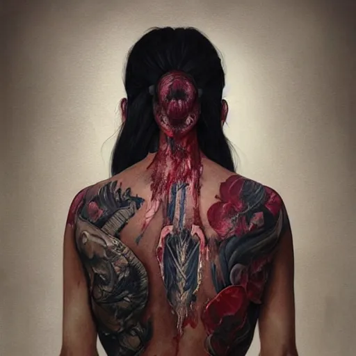 Image similar to portrait painting of a muscular bloodied dark nepali female butcher back, tattooed, ultra realistic, concept art, intricate details, eerie, highly detailed, photorealistic, octane render, 8 k, unreal engine. art by artgerm and greg rutkowski and alphonse mucha