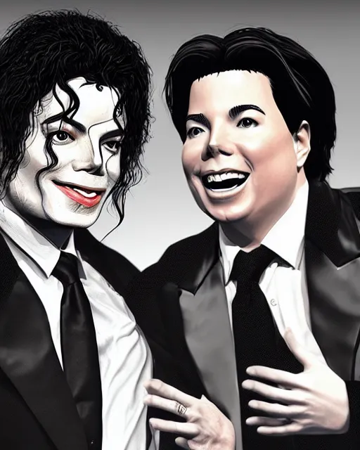 Image similar to a portrait of Michael Jackson & Michael Mcintyre dancing in front of a crowd,real life skin, intricate, highly detailed, artstation, concept art, smooth, sharp, photo