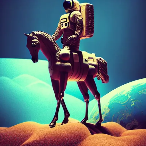 Image similar to digital art of horse situated on top of an human astronaut. from western by hiroyuki okiura and katsuhiro otomo and alejandro hodorovski style with many details by mike winkelmann and vincent di fate in sci - fi style. volumetric natural light photo on dsmc 3 system,