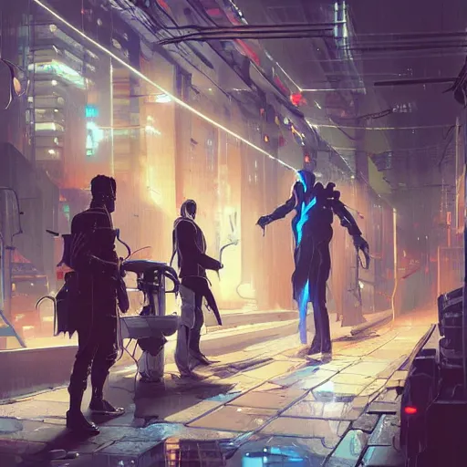 Image similar to two people arguing, detailed digital illustration by greg rutkowski, cyberpunk back alley, android netrunner