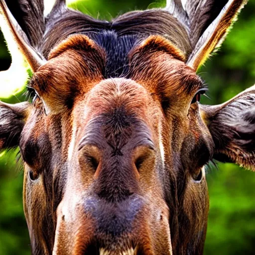 Prompt: close - up fisheye photo of a moose's face