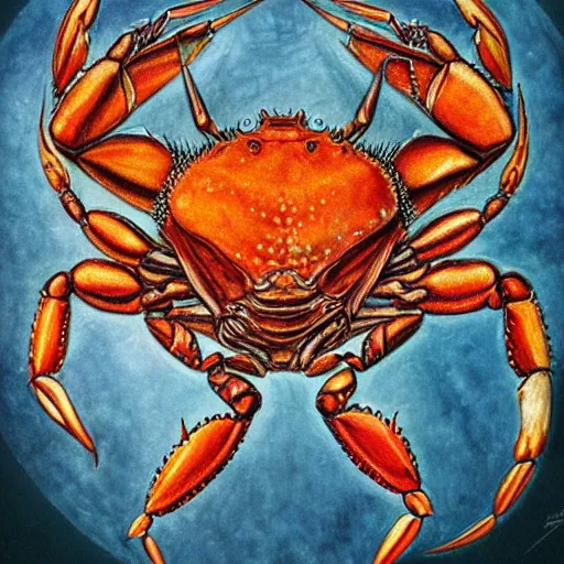 Image similar to detailed and sharp portrait of crab zodiac artwork, mystic style, detailed, 8 k, detailed, symmetrical, by brian froud