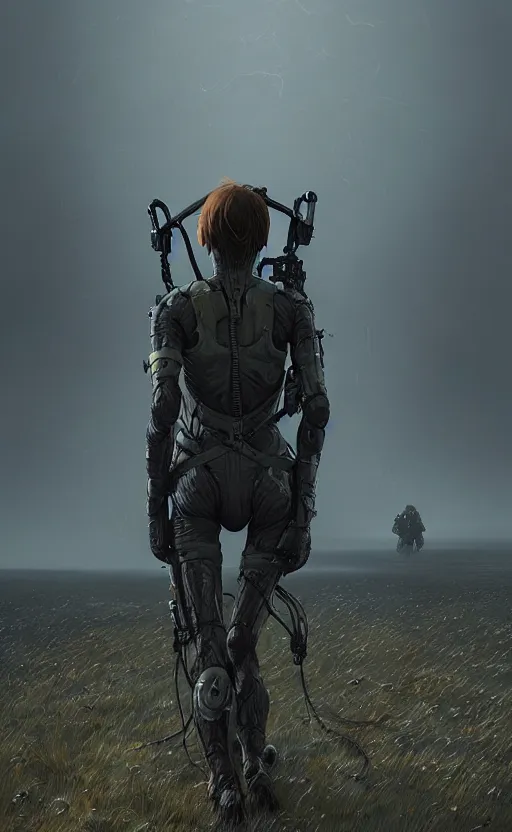 Image similar to death stranding landscape, anatomically correct human female figure wearing tactical gear in field facing forward, cinematic lighting, dark shadows, hyper detailed, digital painting by greg rutkowski and simon stalenhag, artstation, cgsociety, intricate, concept art