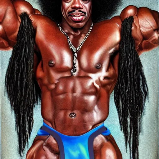 Image similar to Rick james with the physique of a body builder, hyper realistic, ultra detailed, cinematic, dynamic lighting, refined, intricate, digital painting, masterpiece, 8k