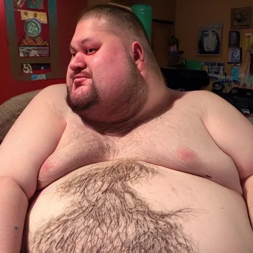Prompt: fat reddit greasy guy living in his moms basement real life, hyper realistic, realistic, 4 k, 8 k uhd, intricate details, detailed, great detail