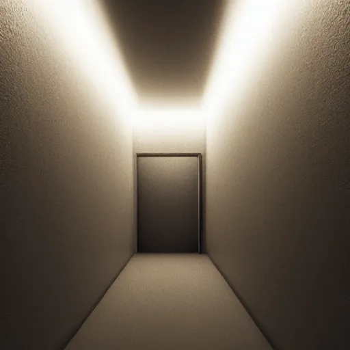 Image similar to a dark and recursive hallway, with a heavenly glow
