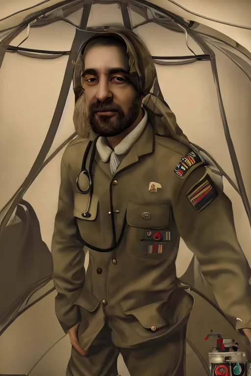 Image similar to a military doctor, portrait, mugshot, artstation, detailed , stethoscope, inside of a tent, midshot, 4k