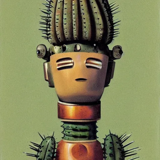 Prompt: 1950s retro cactus robot, with spikes on the head. Bionic Arms and eyes. pop surrealism, muted colours. by Jean-Baptiste Monge, wide shot