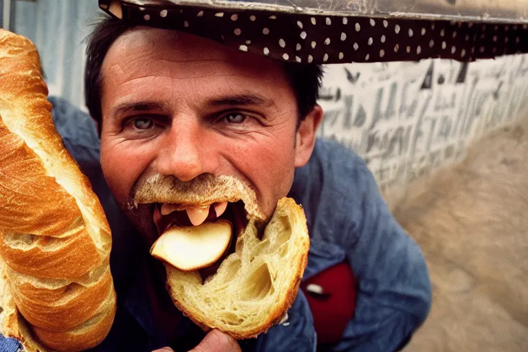 Image similar to closeup portait of a man being eaten by a giant baguette, natural light, sharp, detailed face, magazine, press, photo, Steve McCurry, David Lazar, Canon, Nikon, focus