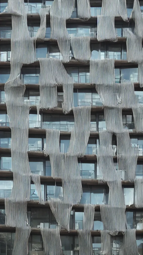 Prompt: hyperrealistic photo of a futuristic timber clad building in a urban setting. the building has many balconies with hanging plants and large windows. parts of the building are wrapped in billowing fabric tarps. the fabric tarps are translucent mesh with large holes for balconies and windows. the fabric hangs from metal scaffolding. sharp focus. 8 k