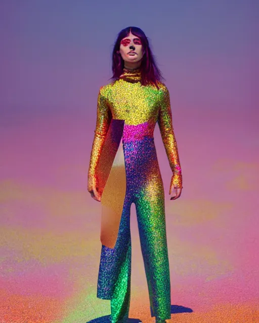 Prompt: hila klein, wearing an oufit made from rainbow glitter, modern fashion, half body shot, photo by greg rutkowski, female beauty, f / 2 0, symmetrical face, warm colors, depth of field