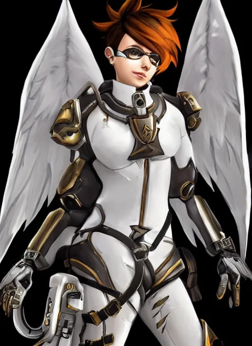 Image similar to full body artwork of tracer overwatch, wearing white steel armor outfit, in style of mark arian, angel wings, dramatic painting, wearing detailed leather collar, ornate highly detailed white shiny armor, chains, black harness, detailed face and eyes,