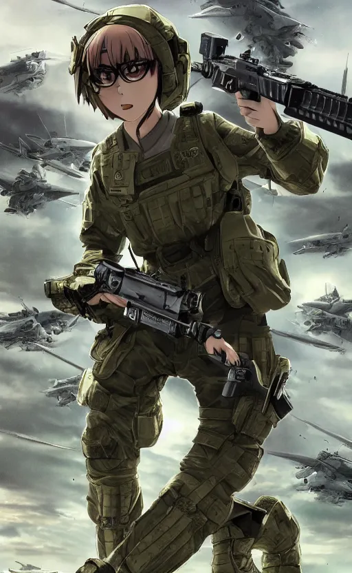 Prompt: girl, trading card front, future soldier clothing, future combat gear, realistic anatomy, war photo, professional, by ufotable anime studio, green screen, volumetric lights, stunning, military camp in the background, metal hard surfaces, real face, small and round reading glasses, strafing attack plane