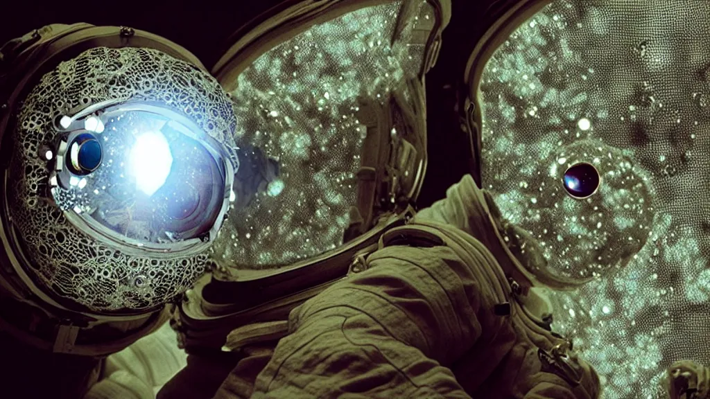 Image similar to a astronaut eva suit covered in diamond 3d fractal lace iridescent bubble 3d skin and covered with insectoid compound eye camera lenses floats through the living room, film still from the movie directed by Denis Villeneuve with art direction by Salvador Dalí, wide lens,