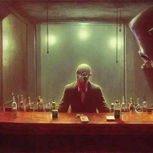 Image similar to fbi agent getting drunk at a dive bar, beksinski, wayne barlowe, very coherent symmetrical artwork, cinematic, hyper realism, high detail, octane render, 8 k