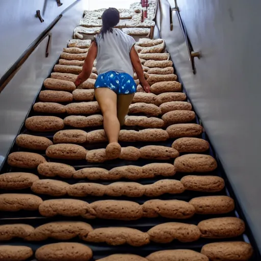 Prompt: woman climbing stairs that are made of cookies over the clouds