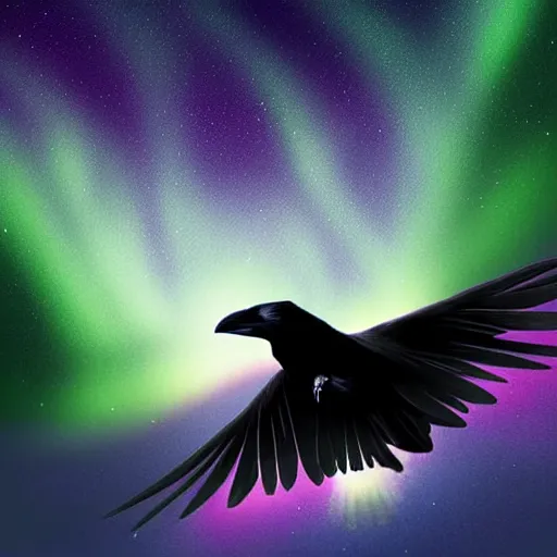 Image similar to detailed digital art, realistic, raven flying through the dark night with a mysterious aurora borealis, by naomi chen, cgsociety