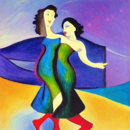 Prompt: two Irish Women in the moonlight dancing by the ocean , high quality art in the style of cubism and geogia o keefe