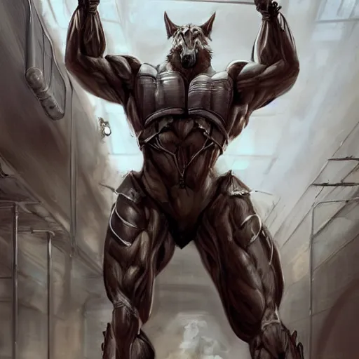 Image similar to an enormously muscular anthro horse test subject in a research facility wearing a skintight body armor having steroids injected into him, long white mane, equine, anthro art, furaffinity, highly detailed, digital painting, artstation, concept art, illustration, art by artgerm, greg rutkowski, ruan jia