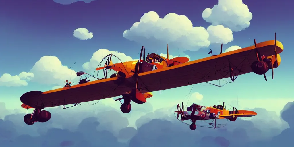 Image similar to an biplanes with puffy clouds by Goro Fujita and Simon Stalenhag , 8k, trending on artstation, hyper detailed, cinematic