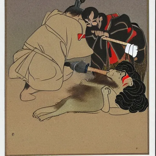 Image similar to a monkey cutting a samurai's hair.