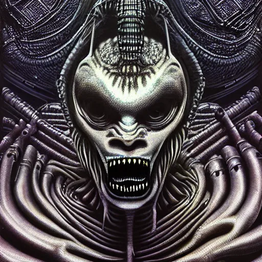 Image similar to space alien, slimy, glossy, sharp teeth, by h. r. giger, nightmare fuel, nightmarish, intricate, highly detailed, optical illusion, stranger things demogorgon, cave lighting, flickering, moonlight