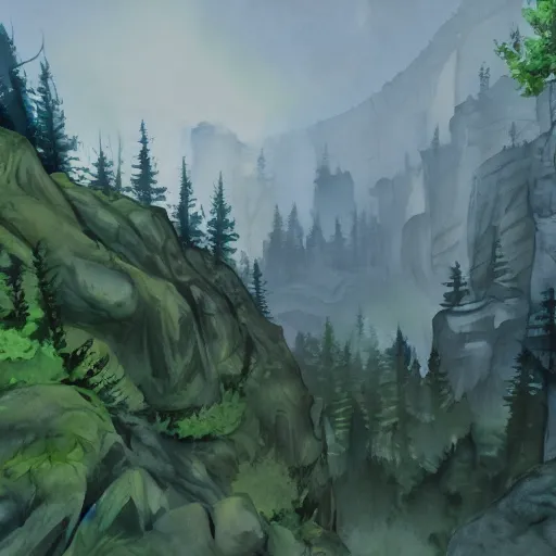 Image similar to pov shot, standing on a cliff and looking into a huge canyon filled with beautiful forest, game fallout 4 style, rubbing alcohol watercolor, hyper detailed, high contrast