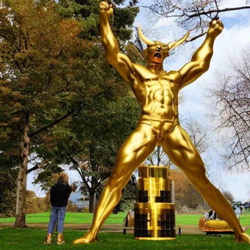 Prompt: male demon, devil golden monument stands in a park