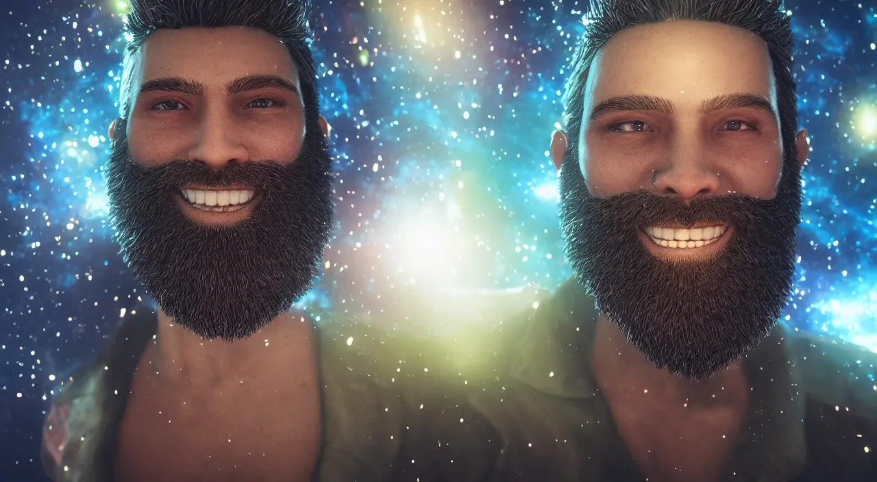 Prompt: Close up smiling handsome man with glowing galaxy eyeballs and majestic beard, professional studio photography, depth of field, intricate details, photorealistic, high quality. Rendered with autodesk arnold unreal engine octane render Lumion Blender Maxwell.