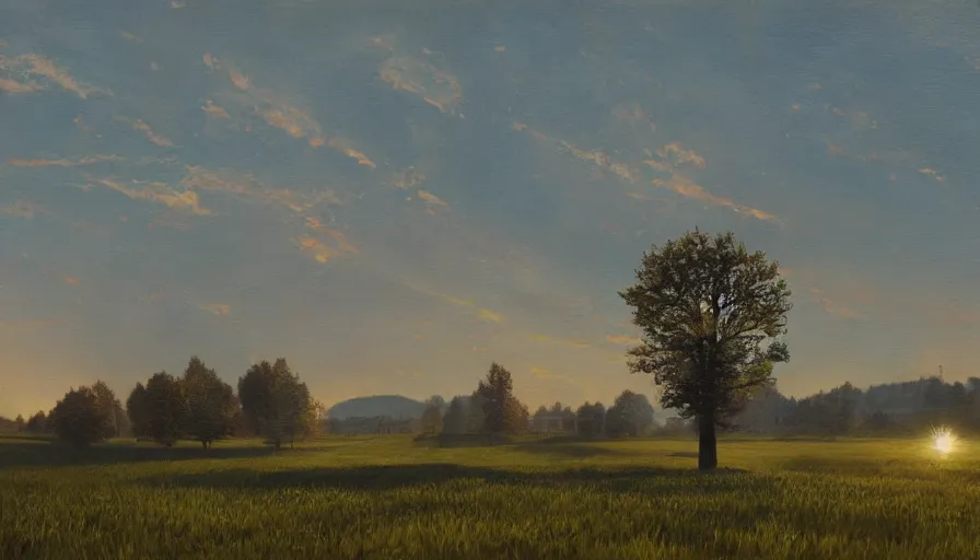 Image similar to open field with solar panels, sun in the sky, early morning, single tree, farmhouse, simon stalenhag