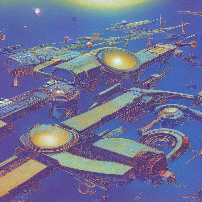 Prompt: chinese kowloon spacecraft, science fiction, extremely detailed, pastel colors, intricate, hard light, flat, illustration, volumetric lighting, digital painting, by roger dean, by alex grey, by bruce pennington