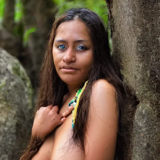 Image similar to a short but curvaceous El Salvadorian woman names Sarah with long brown hair and brown eyes. Her face had complex deep intriguing patterns shamanic her face