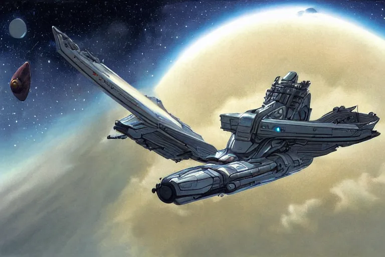 Image similar to spaceship flying over a strange planet, peter elson, artstation