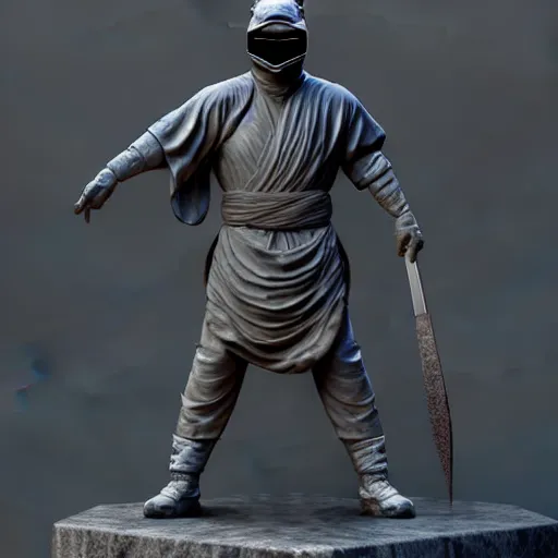 Image similar to 3 d octane rendering, marble statue of ninja wearing full face mask and hunter hat, vfx art, sharp, detailed, pinterest, unreal engine, behance, technological, octane render