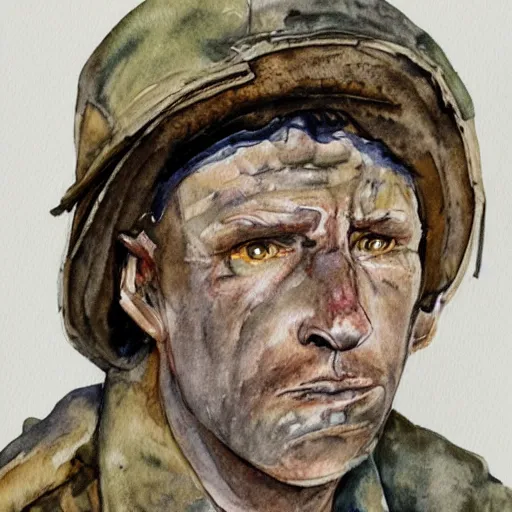 Image similar to Detailed portrait of a weary jarhead. Watercolor.