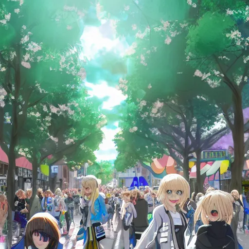 Image similar to blonde - haired princess, anime princess, wearing black jacket and white leggings, looking through crowd, town street, festival street, trees, green trees, blue lighting, blue sunshine, strong lighting, strong shadows, vivid hues, ultra - realistic, sharp details, subsurface scattering, intricate details, hd anime, 2 0 1 9 anime