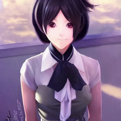 Image similar to luxury advertisement, astonishing portrait of a very beautiful anime schoolgirl with black bob hair, full perfect face, she is dancing. Realistic, highly detailed background, artstation, 120 degree view, drawn by Sasoura, Satchely and Akihiko Yoshida, no distortion