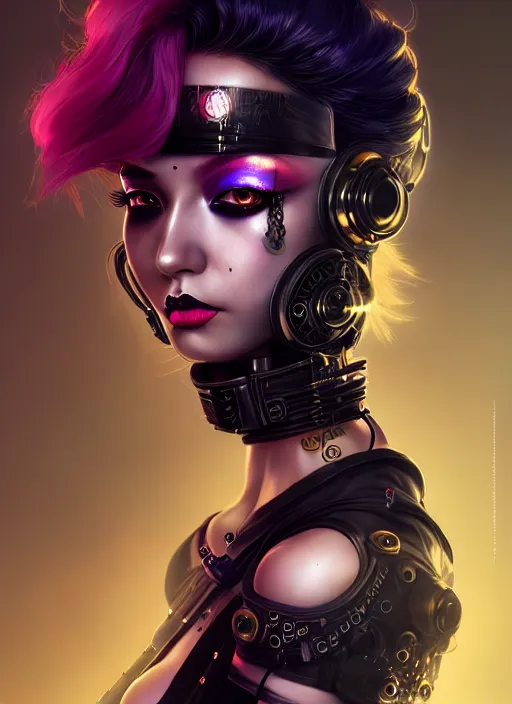 Image similar to soft seductive ebony geisha raver gutter punk gothic cyborg, golden ratio, details, scifi, fantasy, cyberpunk city, intricate, decadent, highly detailed, octane render, digital painting, artstation, concept art, sharp focus, illustration, art by artgerm, loish, wlop