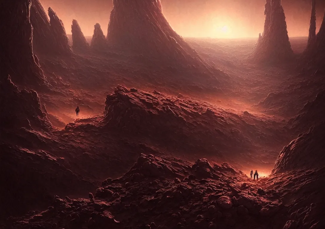 Image similar to ( ( astronaut exploring a strange surface of another planet at dusk ) ), ( ( ruins of ancient civilization ) ), ultra high definition, ultra detailed, symmetry, sci - fi, dark fantasy, in style of heavy metal comic, dark and horror style, metal by greg rutkowski and ross tran