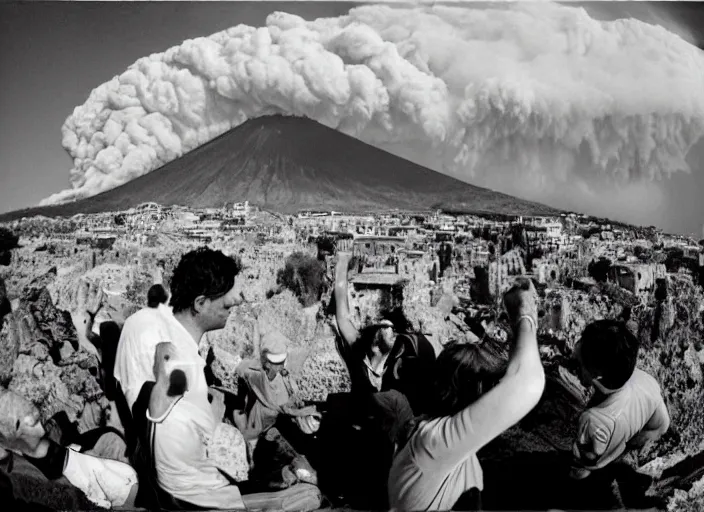 Image similar to old photo of average greeks drink wine and have fun against the backdrop of mount vesuvius starting to erupt by sebastian salgado, fisheye 4, 5 mm, diffused backlight