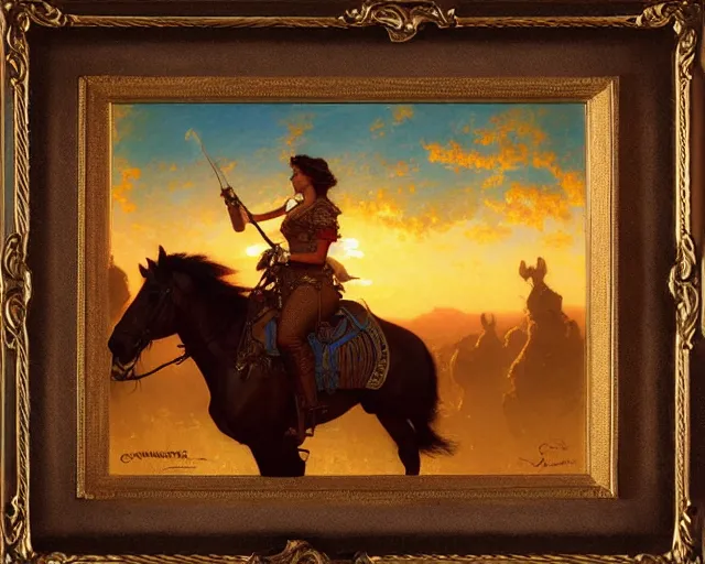 Prompt: female sheriff riding at sunset, highly detailed painting by gaston bussiere, craig mullins, j. c. leyendecker 8 k