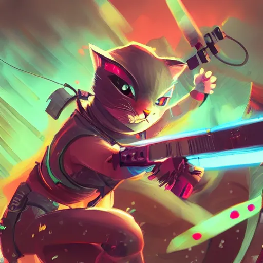 Image similar to cute angry ninja cyberpunk cat fighting with a lase sword, artstation, highly detailed, colorfull, digital painting, deep focus, sharp, smooth, rossdraws