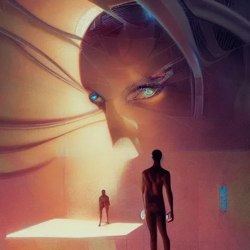 Image similar to Cyborg Ponders Himself, minimalistic, hyperrealistic surrealism, award winning masterpiece with incredible details, epic stunning, infinity pool, a surreal vaporwave liminal space, highly detailed, trending on ArtStation, artgerm and greg rutkowski and alphonse mucha, daily deviation, IAMAG