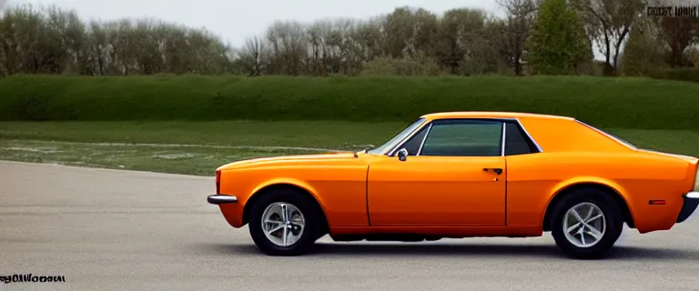 Prompt: orange - yellow audi camaro b 1 ( 1 9 6 7 ), restomod, establishing shot