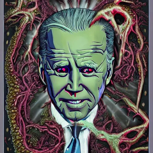 Image similar to biden became bloody ugly lovecraftian degenerate abomination, photo - realistic, color image, 2 k, highly detailed, bodyhorror, occult art