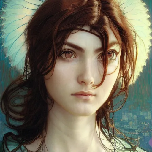 Image similar to Masterpiece head and shoulder portrait of battle angel Alita drawn by Donato Giancola and Tom Bagshaw, face by Artgerm and Edmund Leighton, Alphonse Mucha, background by James Jean and Gustav Klimt, 4k, porcelain skin, komorebi, french nouveau, trending on pixiv, octane render, hyperrealistic