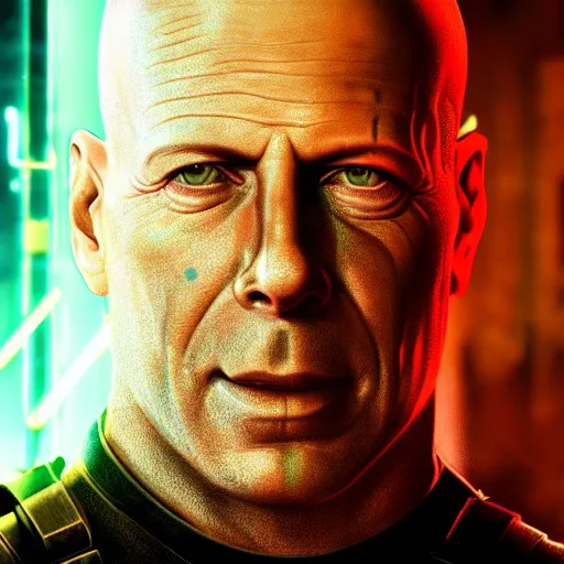 Image similar to bruce willis portrait, cyberpunk 2 0 7 7, cyberpsycho, photorealistic, ultra detailed, neon, octane, bokeh, cyber, cyberpunk city, feature, scars, cyberface, 8 k