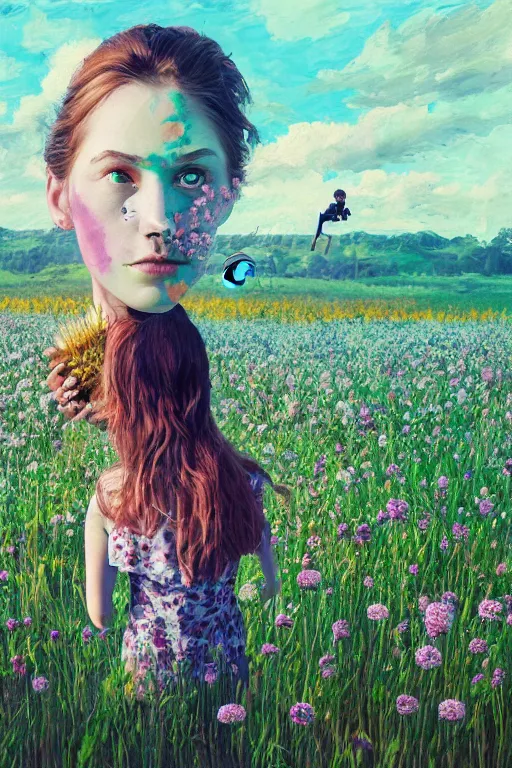 Prompt: portrait, huge thistle flowers under head, girl in a suit in field of flowers, surreal photography, sunrise, blue sky, dramatic light, impressionist painting, digital painting, artstation, simon stalenhag